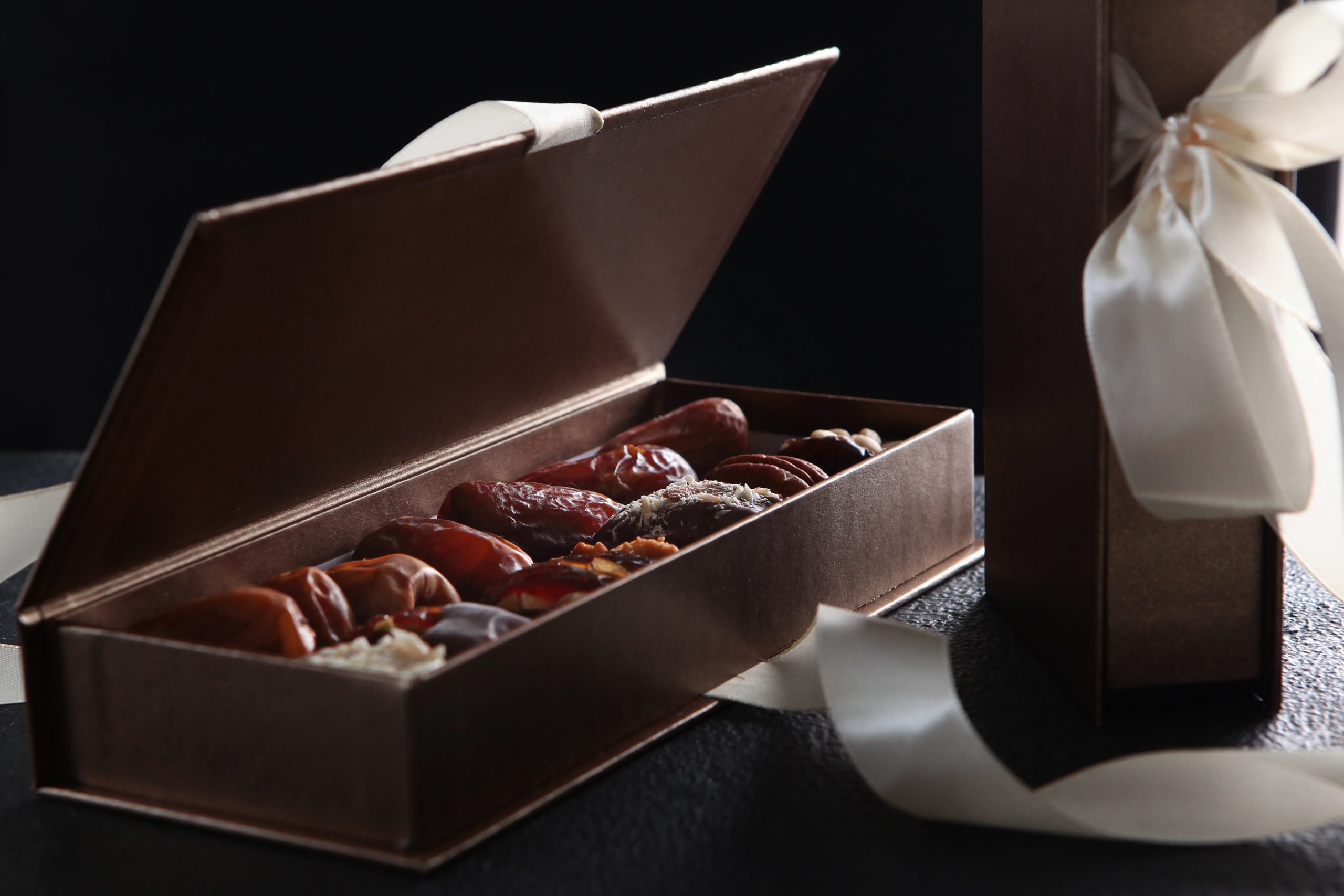 Dates in chocolate. The dates are in a box. Food in Ramadan. Oriental sweetness